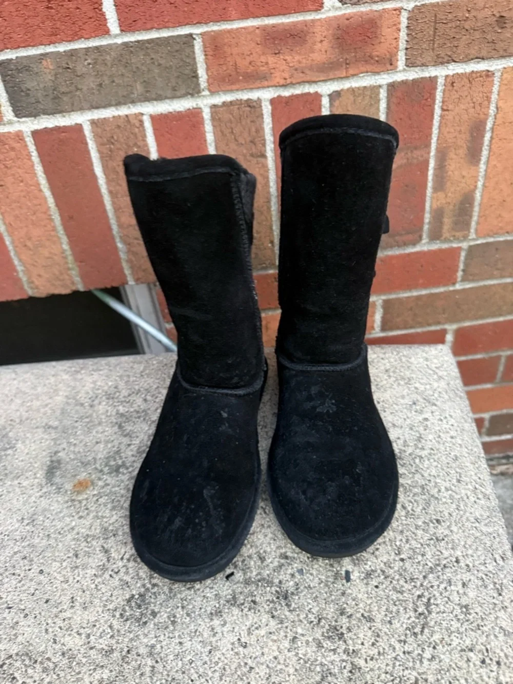 Bearpaw Black Knit Buckle Mid Calf Winter Boots Womens Size 6 Suede Sherpa